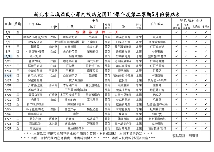114-2 5月份餐點表
