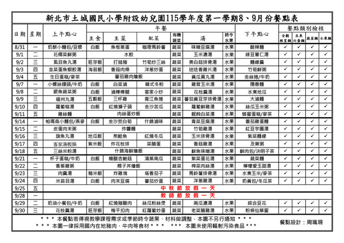 115學年度第一學期8.9月菜單